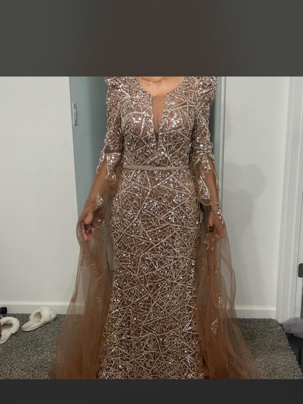 Elegant Long Sleeve Sequin Evening Gown - Rose Gold
